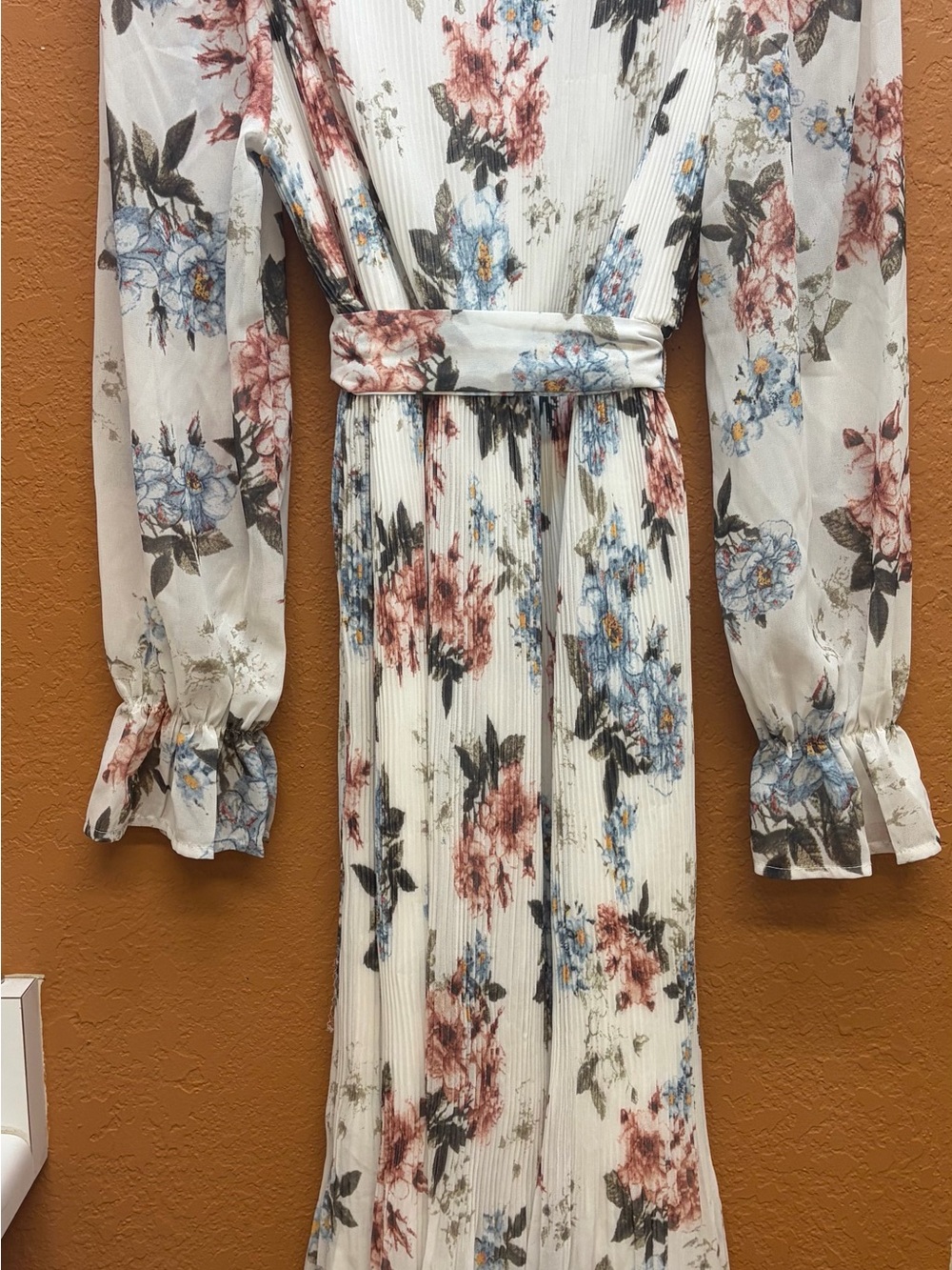 Floral Pleated Long-Sleeve Maxi Dress in Cream with Blue & Rose Floral Print